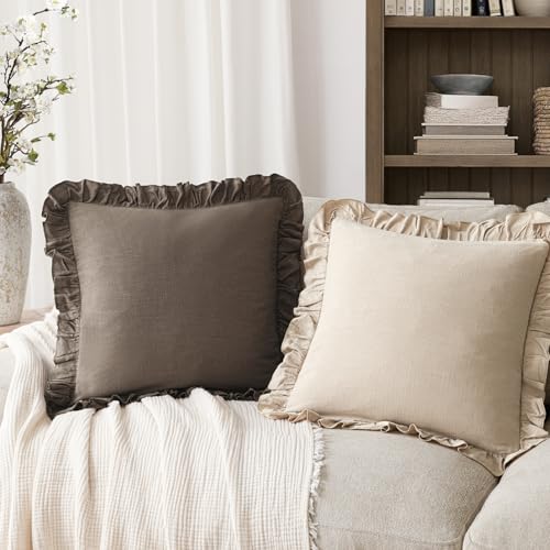 Image of Foindtower Set of 2 Decorative Soild Fringe Ruffle Throw Pillow Covers Soft Boho Farmhouse Cushion Cover Cozy Accent Retro Pillowcase for Couch Sofa Bed Living Room Home Decor,20x20 Inch,Dark Brown