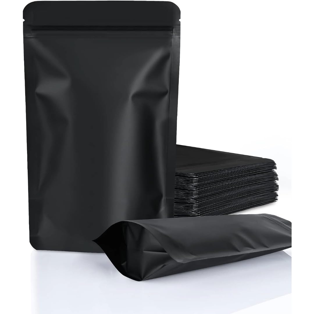 Adaamya® - 50 Pcs - Matt Black - Stand Up Ziplock Reusable Polyester Storage Pouch Without Transparent Window for Multi-Purpose Storage (170 gm)