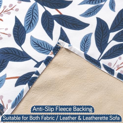 Image of HOKIPO Printed Holland Velvet Sofa Cover with Tassels for 1 Seater Sofa | Full Protection for Sofa Seat and Back | 'Whispers of Nature' (160x60 cm), Indigo Foliage (IN-1125-D10)