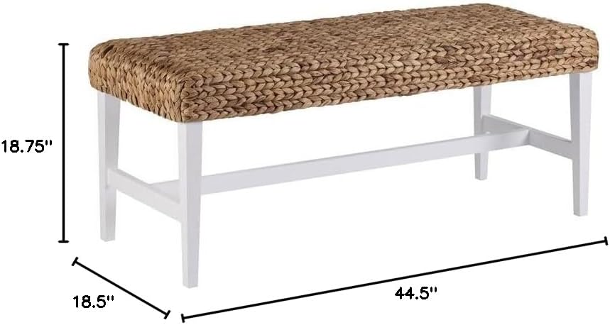 BOWERY HILL Coastal Woven Coffee Table Bench, White and Natural Finish, Water Hyacinth Seat, 44.5 in Wide, Small Space Friendly, Mixed Media Design, Living Room or Entryway Use