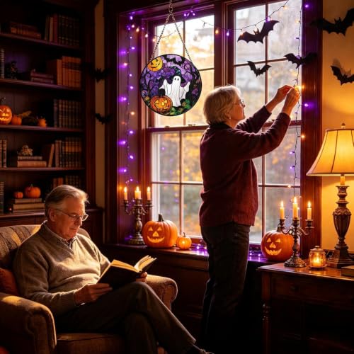 Atrapasol de Halloween de vidrio adorno de calabaza para puerta ventana pared y jardín 4