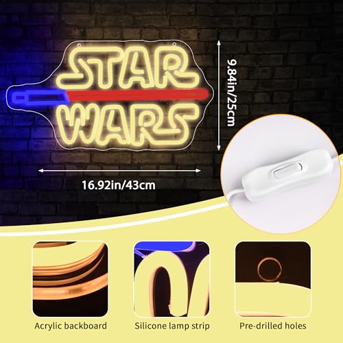 Image of Wars Neon Sign for Wall Decor Lightsaber Movie Neon Light for Man Cave Dimmable Gaming LED Sign for Game Room Boys Bedroom Dorm Bar Party Birthday Gifts for Men Teen Fans Size 16.5 * 8.6 in(XD107)