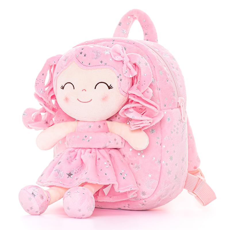 Image of Gloveleya Girls Toddler Backpack - Baby Girl Gift Plush Bag, Diaper Bag, Glitter Pink Dress Curly Hair Doll 9 Inches - Starry Sky Edition