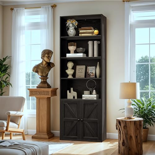 Image of Furniwell Industrial Bookshelf and Bookcases with Doors Modern Bookshelf Cabinet Tall Book Shelves Storage for Home Office, Bedroom (Deep Black)