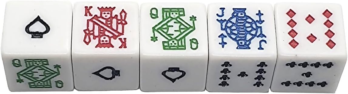 16mm Poker Dice Set w/Ace of Spades – White Squared Dice, PU Leather Cup Red Felt Lining w/Storage Compartment