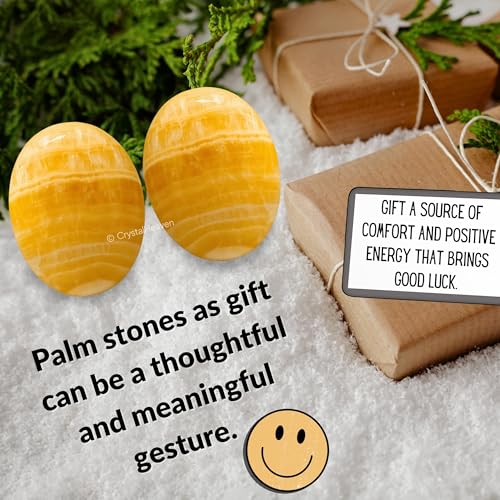 Image of Certified Yellow Calcite Crystal Palm Pebbles Stones for Anxiety Stress Relief Massage - AAA Grade Original Healing Gemstone Agate Palm Stone for Yoga Meditation Spiritual Reiki Feng Shui