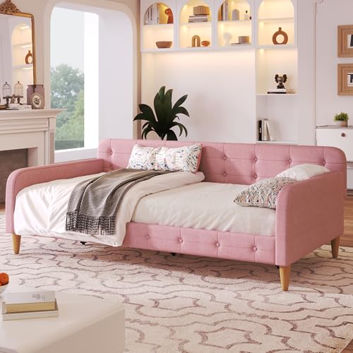 Upholstered Twin Size Daybed with Button Tufted Backrest,Curved Handrail and 4 Solid Pine Legs,Modern Linen Sofa Day Bed Frame for Living Room,Bedroom,Guest Room,No Box Spring Needed,Rubine