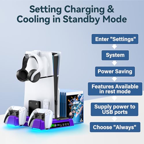 Image of PS5 /Slim /Pro Stand and Cooling Station with LED Controller Charging Station for PlayStation 5 Console, Controller Charger, Cooling Stand, PS5 /Slim /Pro Skin Accessories Kit with 3 Level Cooler Fan