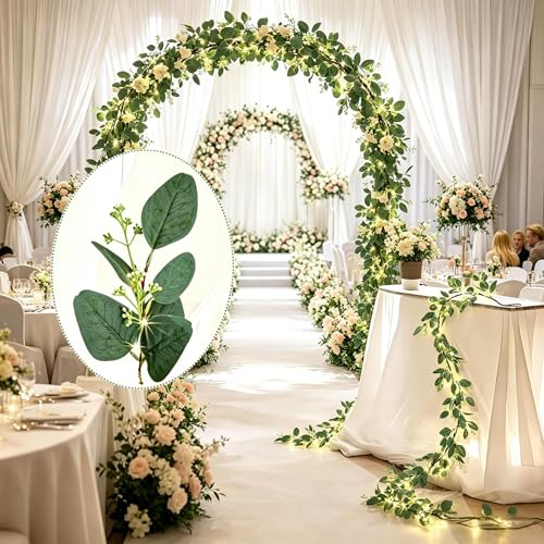 Image of 6FT Eucalyptus Garland with Lights, 96 LED Artificial Silver Dollar Eucalyptus Vine with Flowers, 8 Modes Timer Battery Operated Lighted Greenery Garland for Wall Bedroom Wedding Farmhouse Home Decor