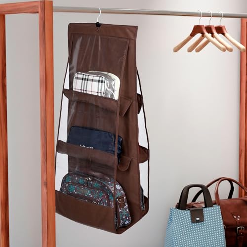Image of Heart Home Hanging Organizer | Handbag Organizer | Hanging Purse for Wardrobe | Transparent Clutch Organizer | Handbag Storage For Closet | 6 Pocket Storage Hanger | Brown
