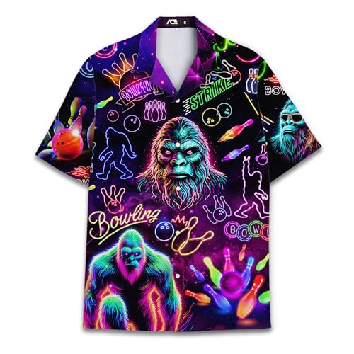 Retro Neon Bowling Bigfoot Hawaiian Shirt for Men Vintage Bowling Shirt Mens Hawaiian Shirts Short Sleeve Button Down Shirt 1