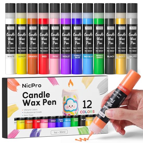 Nicpro Kerzenstifte 12 Farben X 30 ml, Wachsstifte für Kerzen, 3D Kerzenwachs Stift Inklusive Glitzer Silber Gold, Ungiftiges, Kerzenstifte zum Verzieren für Geburtstage, Ostern, Weihnachten Kerzen