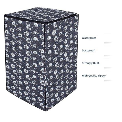 Image of Top Load Washing Machine Cover Suitable For IFB 9Kg,10Kg,11Kg &12Kg (Large Size)- Waterproof & Dustproof- White Flower & Leaves on Grey(65X66X100 Cms)