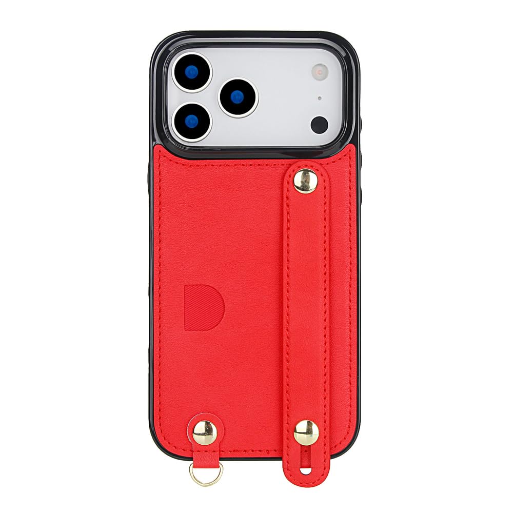 Wallet Case for iPhone 17 Pro MaxLeather Cover Wrist Strap Stand Card Slot Holder Shell with Crossbody Lanyard Strap,Red,17 Pro Max