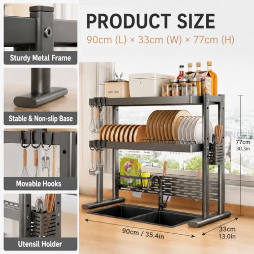 Image of COMFYHOME Over the Sink Dish Drying Rack, 2 Layer, Kitchen Sink Over Sink Rack, for Plates, Bowls & Utensils, Rust-Resistant and Sturdy(90cm*33cm*77cm)