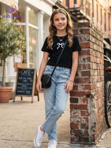 Image of WELAKEN Girls Soft T-Shirt with Curved Hem, Breathable Stretchy Rayon Crewneck Short Sleeve Tees, Kids Everyday Basic Top