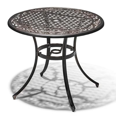 NUU GARDEN 36 Inch Patio Dining Table with Umbrella Hole, Outdoor Cast Aluminum Bistro Table, Black with Antique Bronze at The Edge