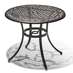 NUU GARDEN 36 Inch Patio Dining Table with Umbrella Hole Outdoor Cast Aluminum Bistro Table Black with Antique Bronze at The Edge