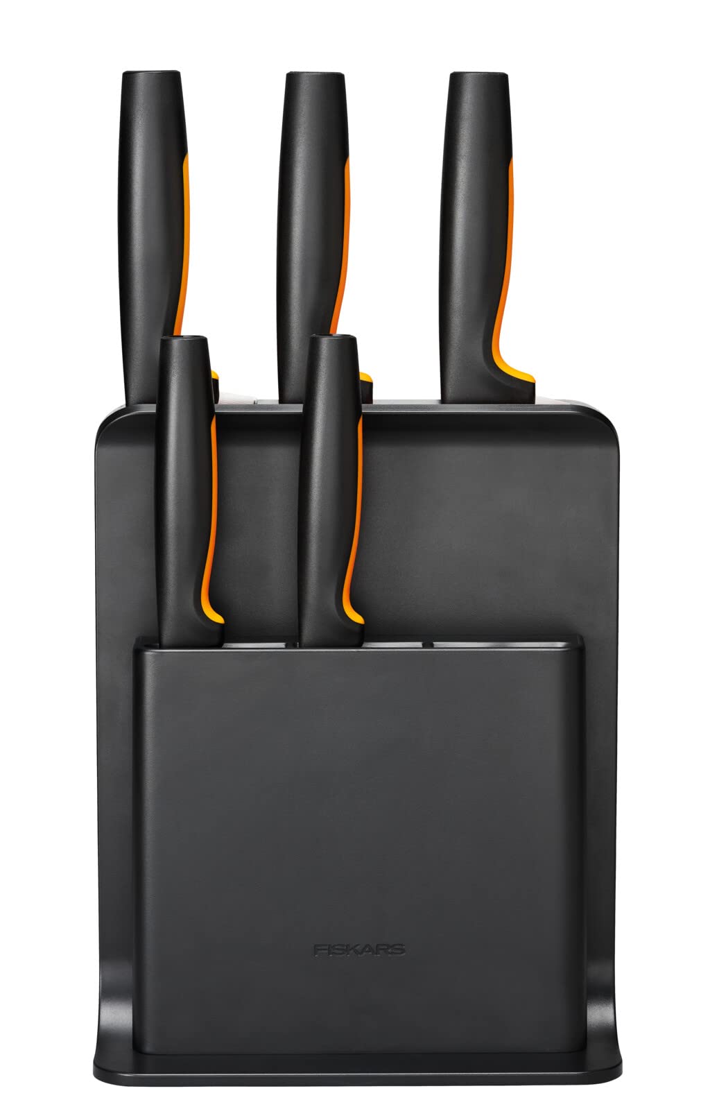 Fiskars Ceppo per Coltelli di Design con 5 Coltelli, Functional Form, Incl. Spelucchino, Coltello per Pomodoro, Coltello Santoku, Coltello da Cucina e per Pane, Plastica, Nero, 1057554