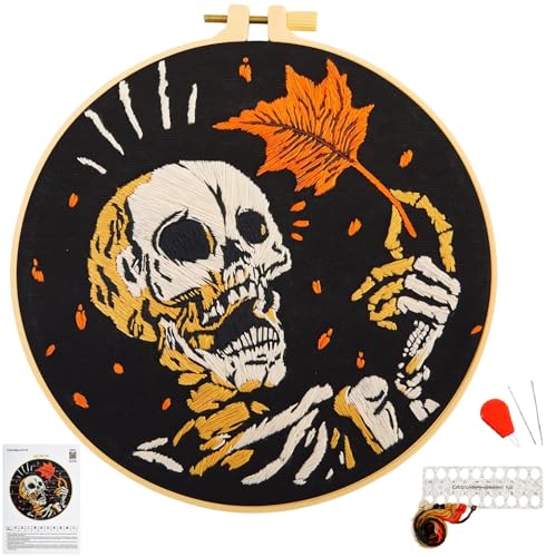 Image of Crafmanoe Halloween Gothic Embroidery Starter Kit for Beginners Adults, Skull Skeleton Stamped Cross Stitch Kits for Beginners Adults, Funny Fall Hand Embroidery Needlepoint Kits with Video Tutorial