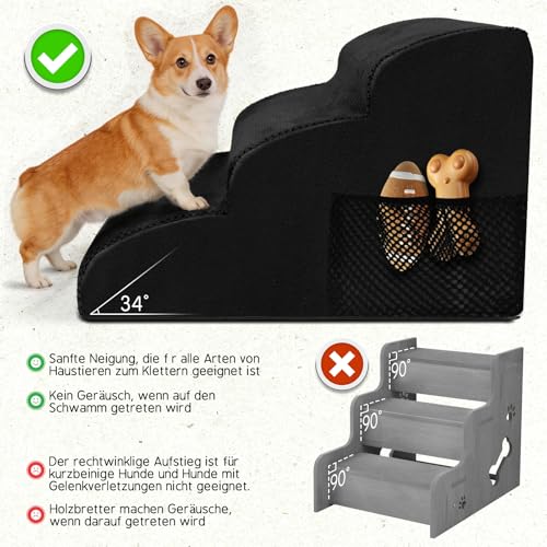 Thihome Hundetreppe für Kleine Hunde, Haustiertreppe 3 Stufen, Hochdichtem Schwamm Hundetreppen 40cm Hoch, Hunde Treppe mit Waschbarem Bezug, Rutschfestem Hunderampe für Bett & Sofa, Schwarz