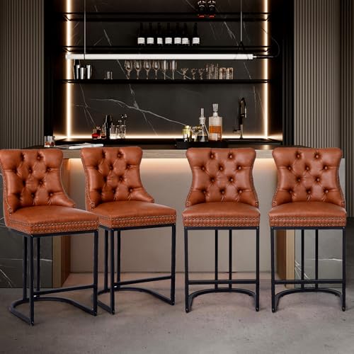 Image of UVV Counter Height Bar Stools Set of 6, 26 inch Modern Barstools with Back, Faux Leather Upholstery Counter Chairs with Metal Legs for Kitchen Island, Bar, Counter, Brown