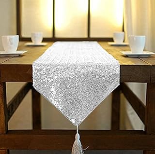 ShinyBeauty 12x48-Inch Silver-Tassel Table Runner, Small Sequined Sparkl...