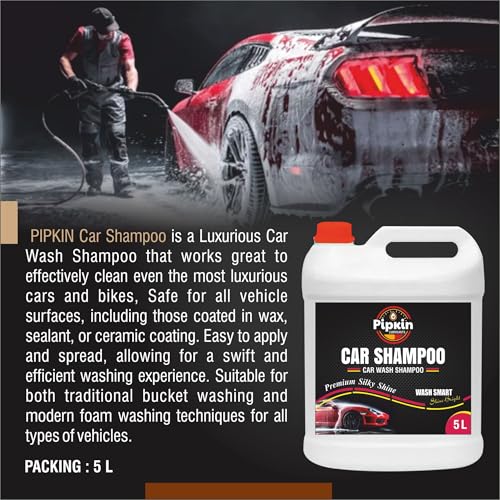 Image of Pipkin Car wash Shampoo 5 Ltr (Pack of 1) | High Foam for Deep Cleaning | Remove Tough Dirt | Safe on Paint | pH Neutral