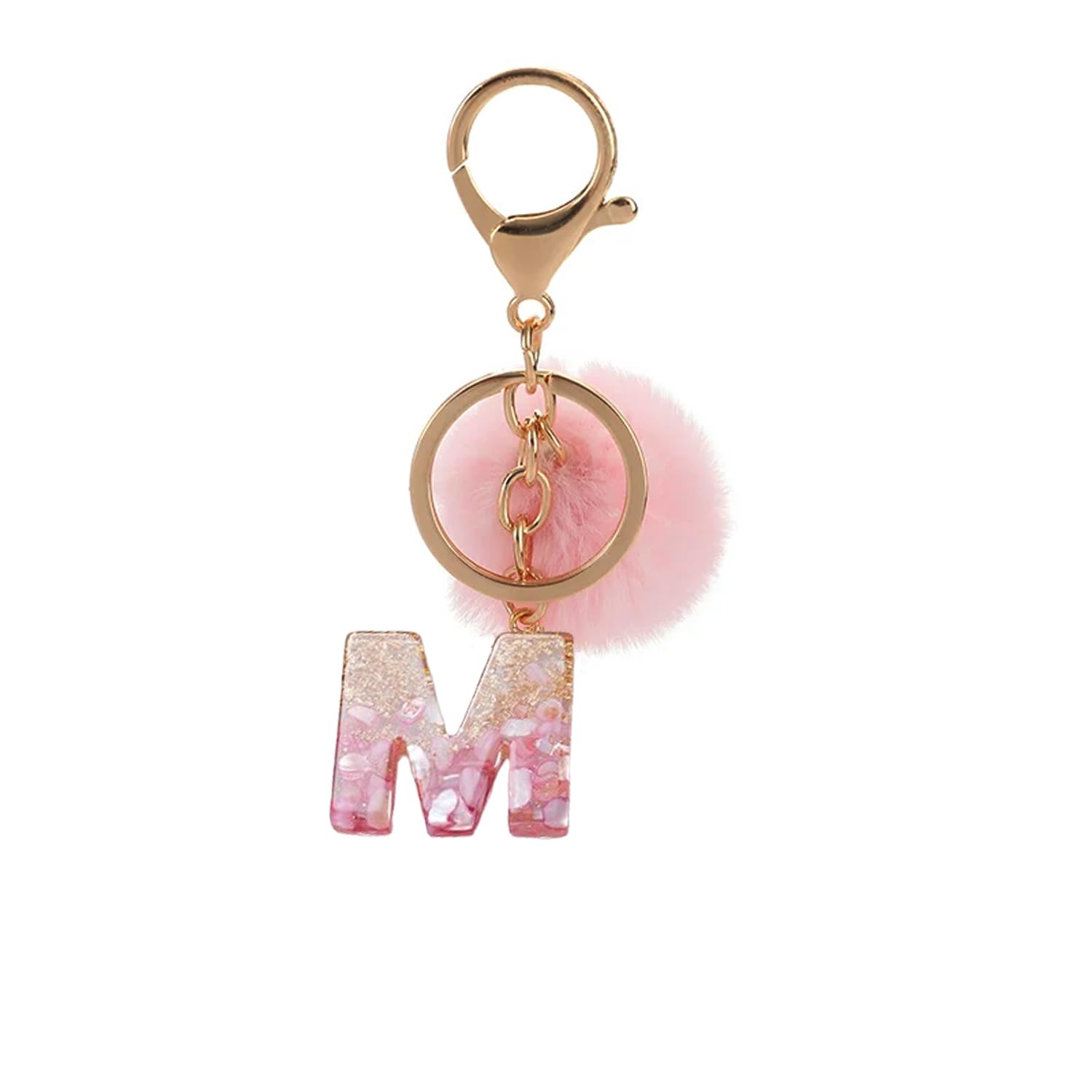 ARFUKA Initial Letter Keyring Pink Fluffy Pom Pom Keychain Alphabet Pendant Bag Charm for Keys, Backpack, Bag - Ideal for Sister, Besties, Mom on Birthday, Christmas (Letter M)