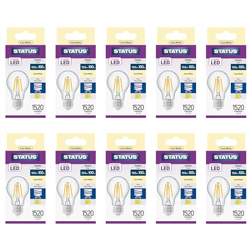 Image of Status Filament LED GLS Bulb, 11W Cool White 4000K Clear Glass Screw Cap Lighting for Home or Office Use, Pack of 10 (11SFGCE27C1B10)