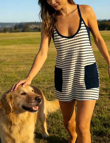 Image of Womens Athletic Sundress with Built-in Shorts Golf Tennis Romper | Sleeveless Mini Spaghetti Strap dress Functional side pockets tummy-friendly fit casual beach vacation
