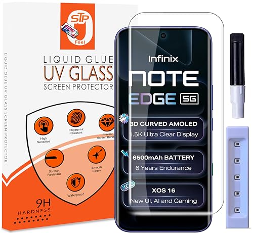 Image of STP FEEL Premium UV Tempered Glass Screen Protector Guard Compatible For Infinix Note Edge 5G (6.78 Inch, Pack of 1) Full Adhesive UV Curved Case Friendly HD Clarity with easy installation kit