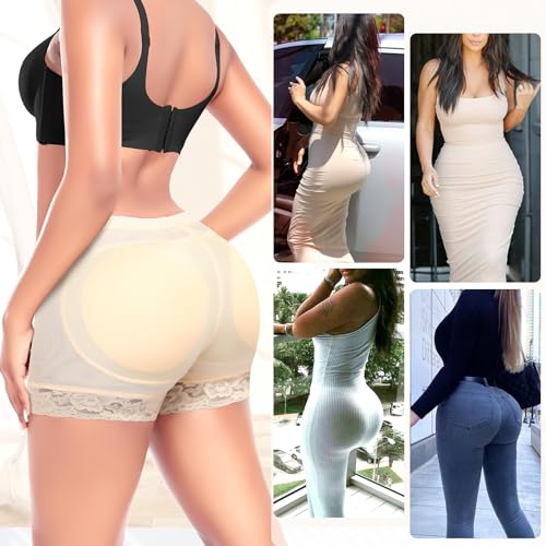 Image of Ganado Padded Underwear for Women Butt Lifter Panties Booty Pads Butt Enhancer Lace Boyshorts Shapewear #1 Beige, L
