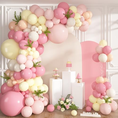 Ouddy Life Pink and Yellow Balloons Arch Kit 152 Pcs Pastel Light Pink Yellow Sand White Apricot Balloon for Birthday Baby Bridal Shower Wedding Bee Bear Themed Groovy Easter Party Decorations