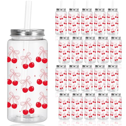 FYSUIMU 20Pcs Red Bow Cherry Plastic Cups with Lids and Straws Clear Drinking Cups Reusable Tumblers for Birthday Baby Shower Wedding Party Supplies