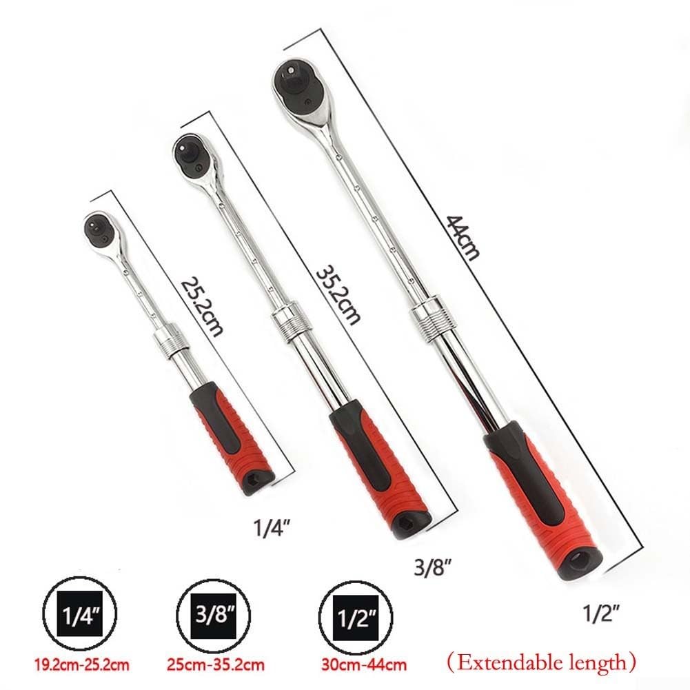 Chiave a cricchetto telescopica bidirezionale a 72 denti con sgancio rapido, attacco regolabile da 1/4 3/8 1/2 pollici per riparazione automatica (3 pezzi)