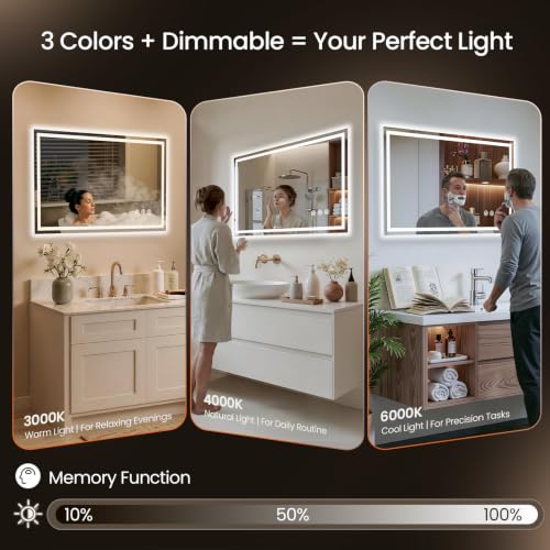 Image of 40x36 LED Bathroom Mirror with Anti-Fog, Backlit & Front Lit, Memory | Stepless Dimmable 3 Color CRI 95+ Shatterproof Tempered Glass ETL Listed for Safety Lighted Bathroom Vanity Mirror for Wall