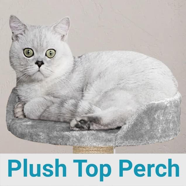 Image of Plush Fur Fabric Kitten Cat Tree - Climbing Ladder | Top Perch | Spacious Condo | Furry Ball | Jute Rope Scratching Posts (Medium) (Grey - FURR-49)