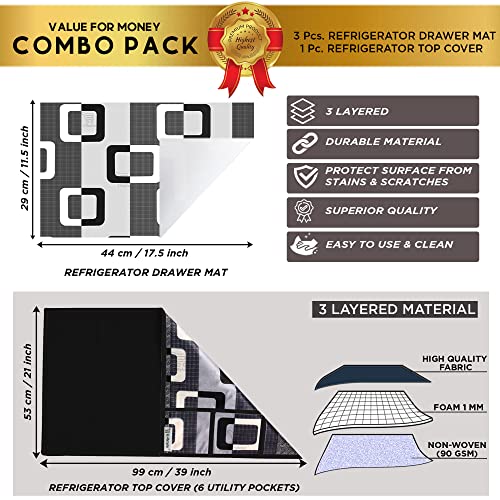Image of Set of 1 Pc Fridge Top Cover with 6 Utility Pockets and 3 Pc Fridge Mats (Black, Set of 4)