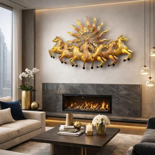 Image of Anshika International 7 Running Horses Metal Wall Decor with Sun LED Light - Vastu Feng Shui Lucky Horses Wall Hanging for Living Room, Hall & Office - Gold Copper Finish Metal Wall Art (37 x 23 Inch)