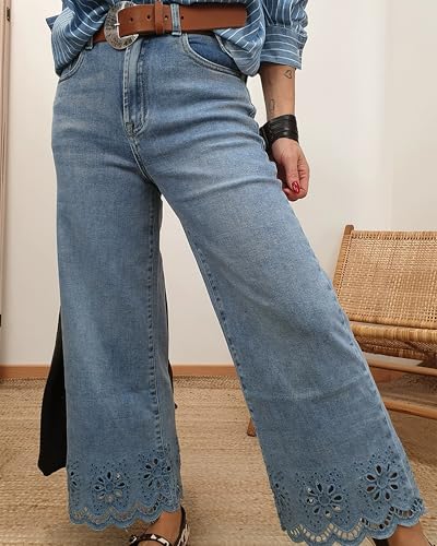 Women's High Waisted Flare Jeans Stretchy Wide Leg Loose Trendy Raw Hem Cropped Denim Pants4