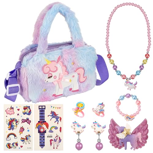 Image of Zuimei Unicorn Gifts for Girls 3 4 5 6 Year Old Kids Jewellery Sets Unicorn Princess Necklace Bracelet Rings Earrings Crossbody Bag for 3 4 5 6 Year Old Girl Gifts Birthday Presents purple