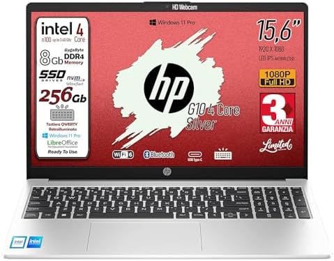 HP 250 G10 Notebook Limited Edition, Intel N100 4Core fino a 3.4GHz, Ram 8Gb, SSD 256Gb, Display 15.6" FHD IPS Antiriflesso, Win 11Pro, tastiera retroilluminata, 3 anni di garanzia, pronto All'uso