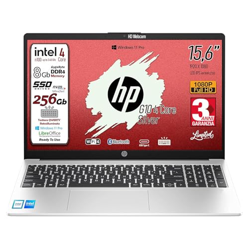HP 250 G10 Notebook Limited Edition, Intel N100 4Core fino a 3.4GHz, Ram 8Gb, SSD 256Gb, Display 15.6 FHD IPS Antiriflesso, Win 11Pro, tastiera retroilluminata, 3 anni di garanzia, pronto All'uso