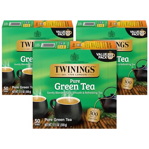 Twinings Green Tea - Smooth Flavor, Enticing Aroma Caffeinated Green Tea Bags Individually Wrapped, 50 Count Ea (Pack of 3)