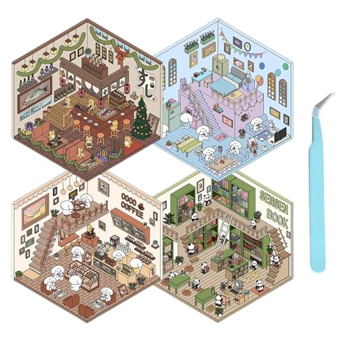Cosmeria 4 juegos de pegatinas para casa 3D DIY tipo A, supermercado, cafetería, librería, restaurante + 1 pinzas, escena creativa, apilamiento divertido