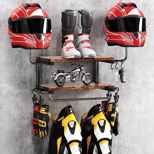 Forjarn Motorcycle Helmet Holder Wall Mount 2-Tier Helmet Rack with 2 Hat Stands Motorcycle Accessories Gear Storage Organizer Display for Men Jackets Caps in Garage Living Room (Rustic Brown)