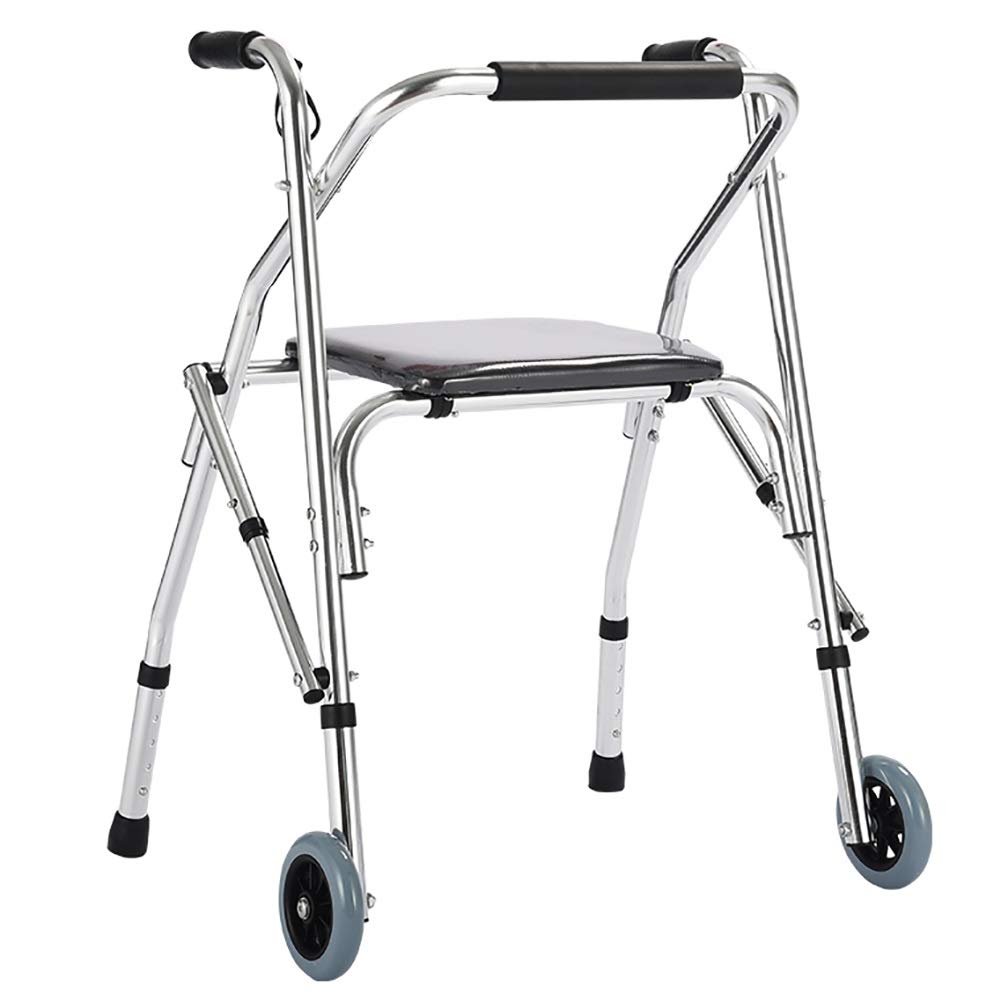 Elderly Walker with Wheels and Seat, Foldable Adjustable Height Step Assist Rolling Walker, Lightweight Adult Disabled Stand Upright Walker