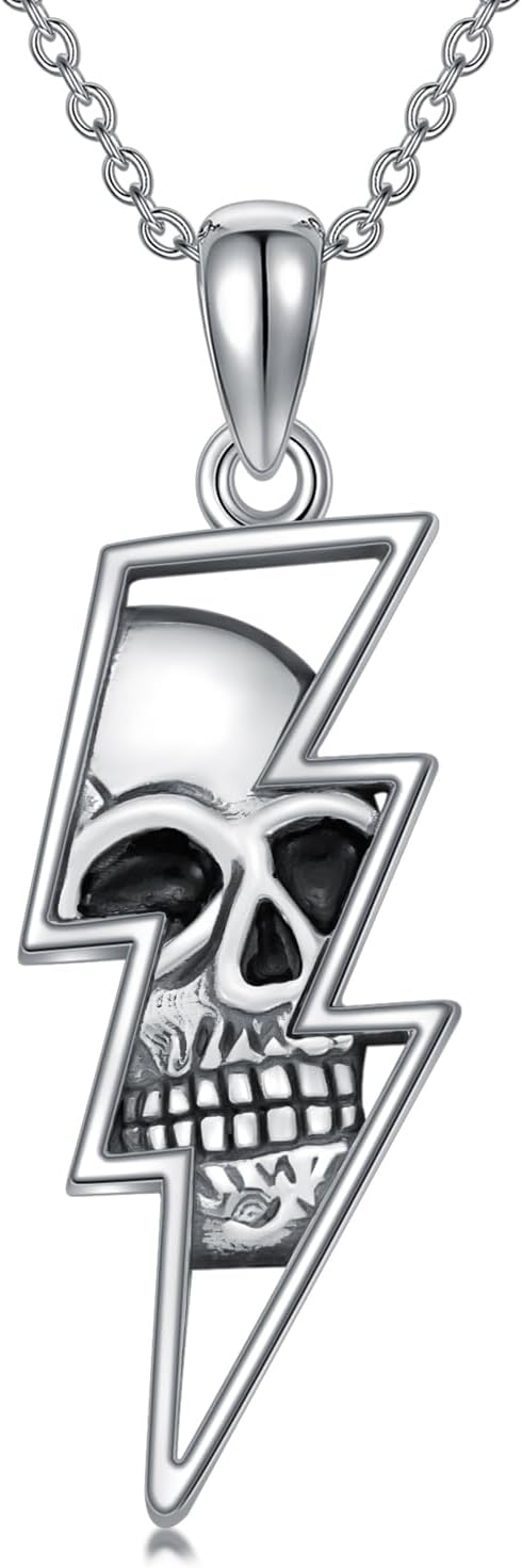 PROESS Lightning Bolt Necklace 925 Sterling Silver Wave/Rose/Skull Necklace Lightning Bolt Pendant Jewelry Presents for Women Men