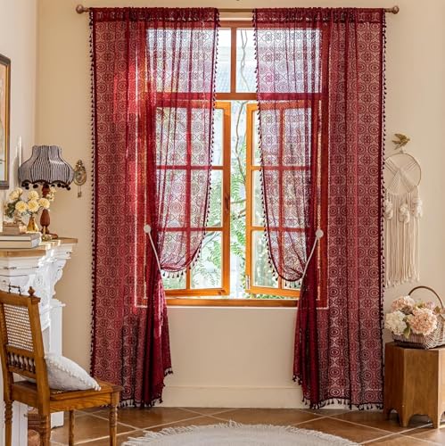 Burgundy Boho Lace Curtains, 59 X 90 inch, Wine Red Sheer Window Panels